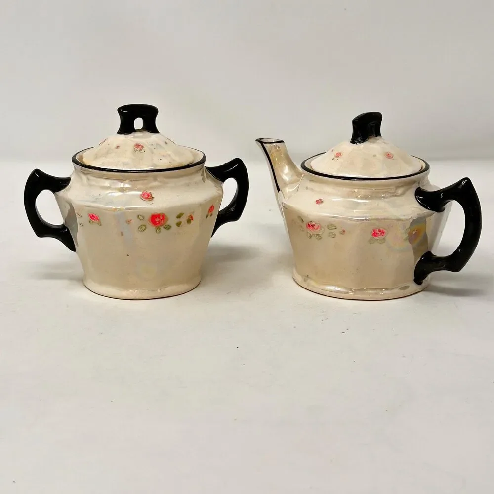 Vintage Victoria Czechoslovakia Lusterware Sugar Bowl and Creamer Black Trim